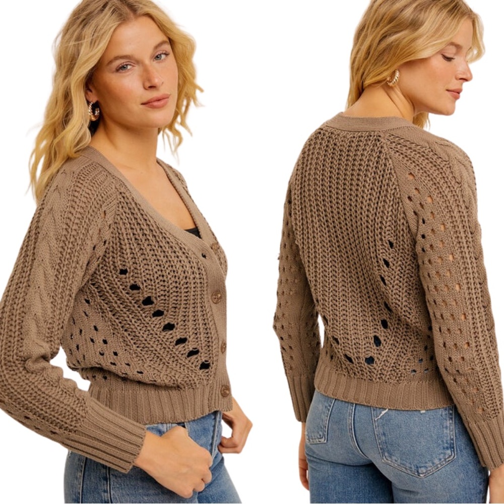 NWT Hem & Thread Pointelle V-Neck Button Down Cropped Cardigan - Picture 3 of 17